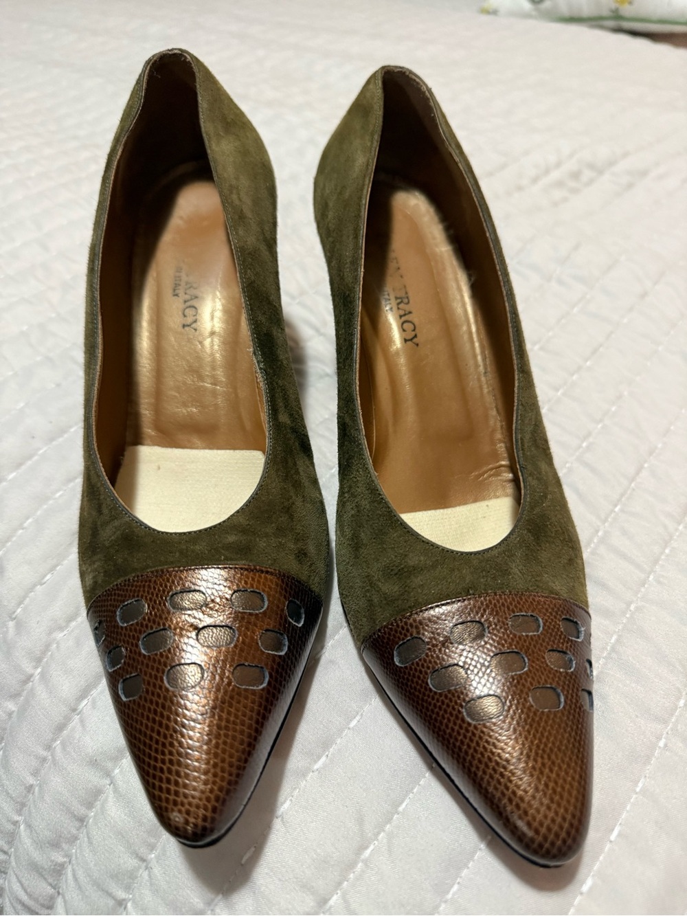 Ellen Tracy Olive Green Suede and Brown Leather Pointed-Toe Pumps